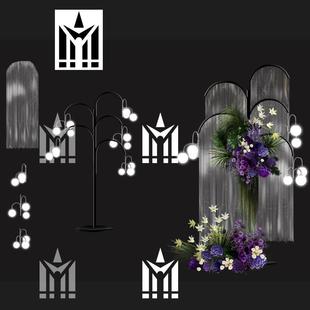 铁艺雨丝帘紫绿色手绘花艺路引灯道具婚礼效果图psd素材