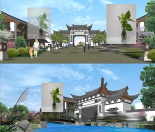 su模型 中式度假山庄 商业会所 山门（两套方案）草图大师