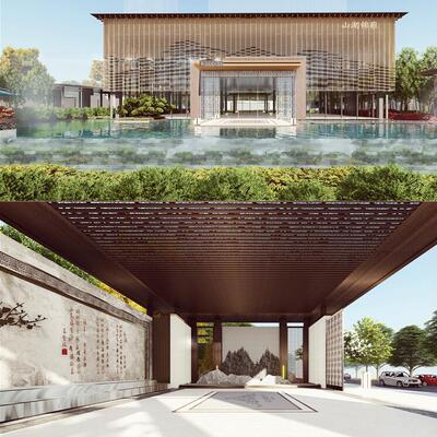 新中式新亚州会所售楼外示范区渐变式建筑表皮连廊SU模型sketchup