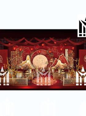 红色中式复古风婚礼祥云婚礼仪式区舞台背景PSD源文件设计素材