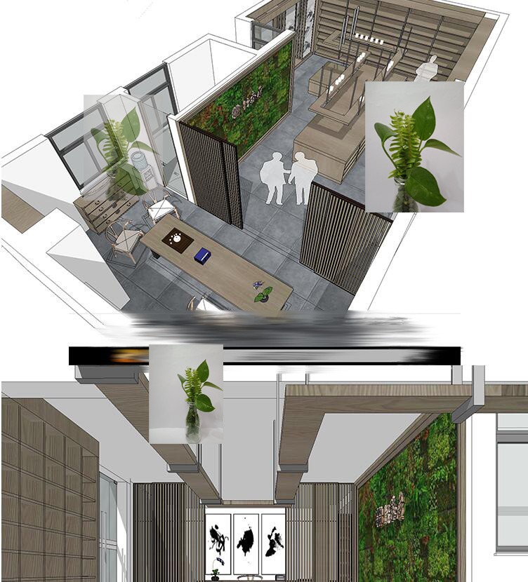 新中式商铺店面办公室茶室茶叶店工作室办公空间草图大师SU模型