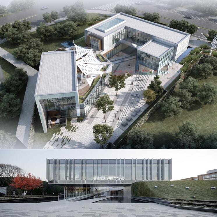 学校学生活动中心SU模型图书馆屋顶花园玻璃幕墙架空建筑草图大师