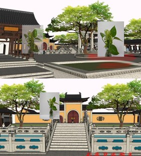 中式寺庙度假村民宿客栈草图大师SU模型放生池拱桥草图大师SU模型