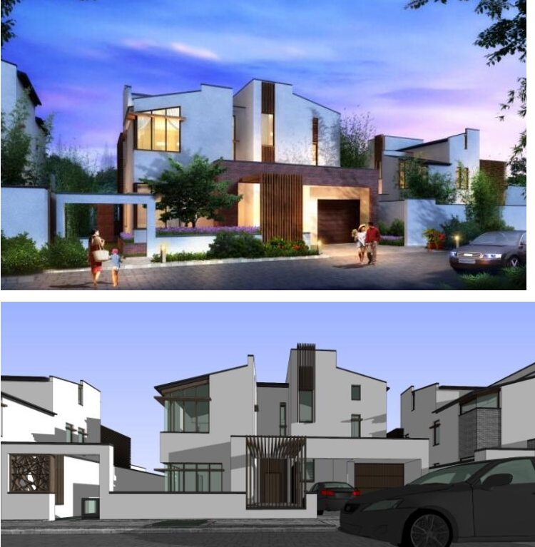 su草图大师现代新农村别墅亲中式亲水类独栋别墅建筑设计/su模型