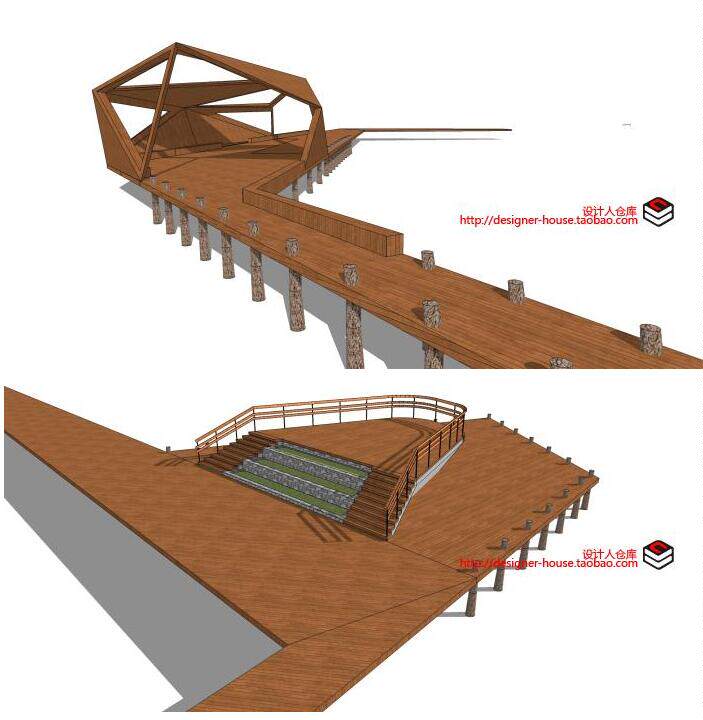 度假村曲桥水上木栈道平台实木质平台眺望台景观台草图大师su模型