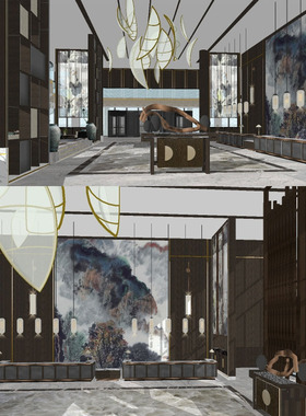 江南风禅意新中式酒店会所售楼处大堂吧前台接待SU模型sketchup