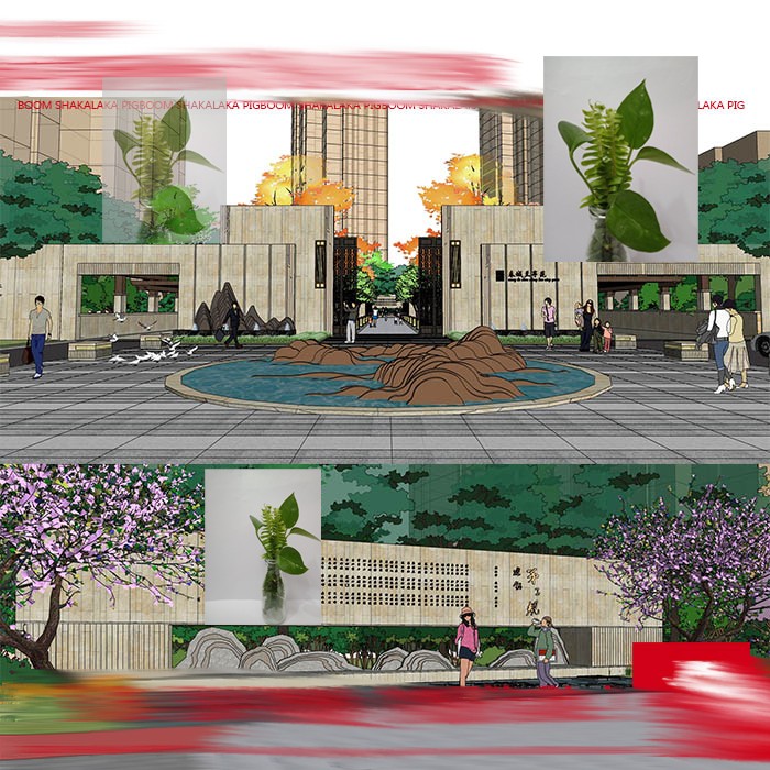 新中式新亚州小区大门出入口景观建筑草图大师SU模型景墙山水雕塑