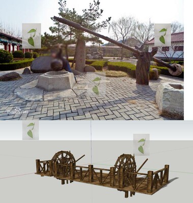 SU模型 农家乐古代水利/景观小品 亲水仿古水车Sketchup草图大师