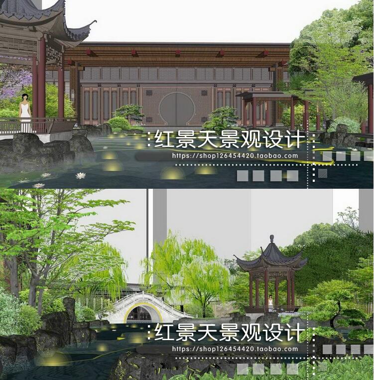 苏州古典园林苏式新中式新亚州度假村茶室会所景观草图大师SU模型