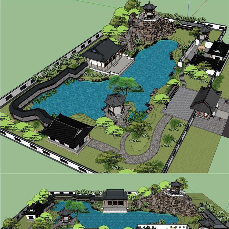 中式岭南风古典园林滨水公园亲水公园景区景观规划方案SU模型