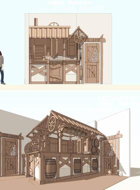 民宿客栈度假村酒吧会所创意酒桶前台接待收银吧台SU模型sketchup