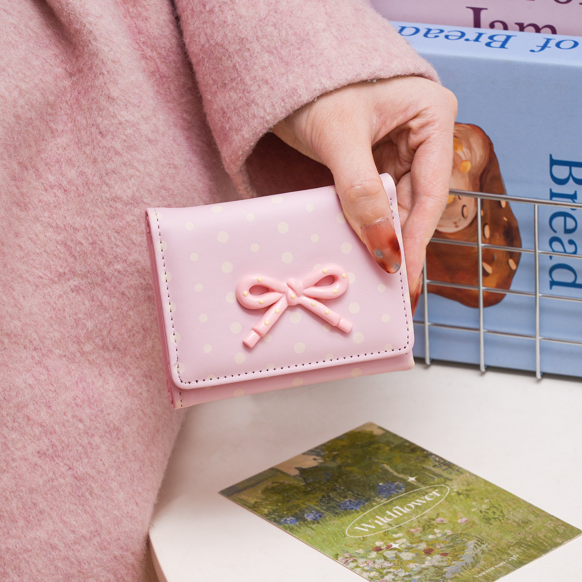 新款韩系蝴蝶结波点短款钱包女生小众设计感高级轻奢气质百搭卡包