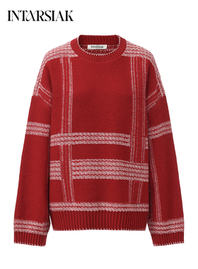 【INTARSIAK针织设计师品牌】翡织 正反穿全羊毛格纹嵌花宽松毛衣