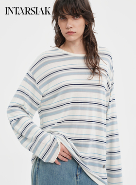 【INTARSIAK针织设计师品牌】韵生 百搭长袖粉咖条纹T恤亲肤宽松