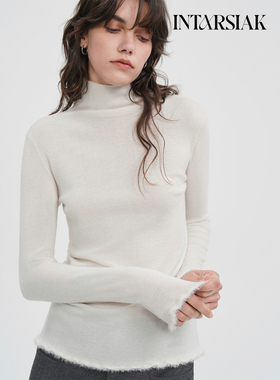 【明星同款】INTARSIAK毛绒边精纺羊毛一字领堆堆领打底衫针织衫