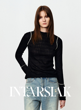 【INTARSIAK针织设计师品牌】半高领撞色网格针织衫打底衫长袖女