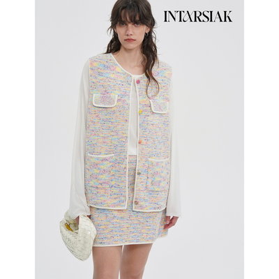 【INTARSIAK针织设计师品牌】釉诗 彩点针织开衫马甲短裙套装