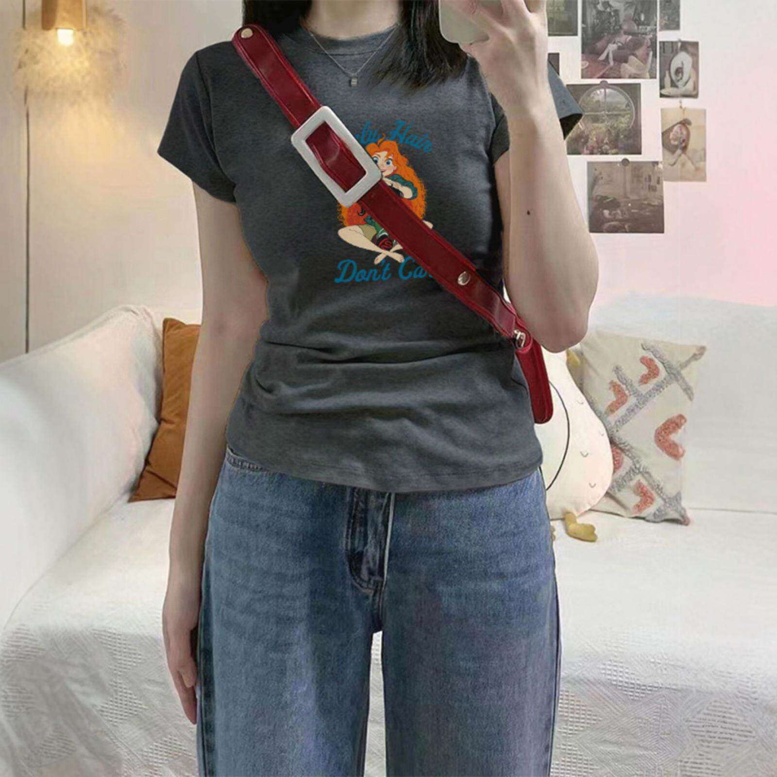 2026新款夏季正肩T恤女美式复古设计感小众短袖印花修身显瘦上衣
