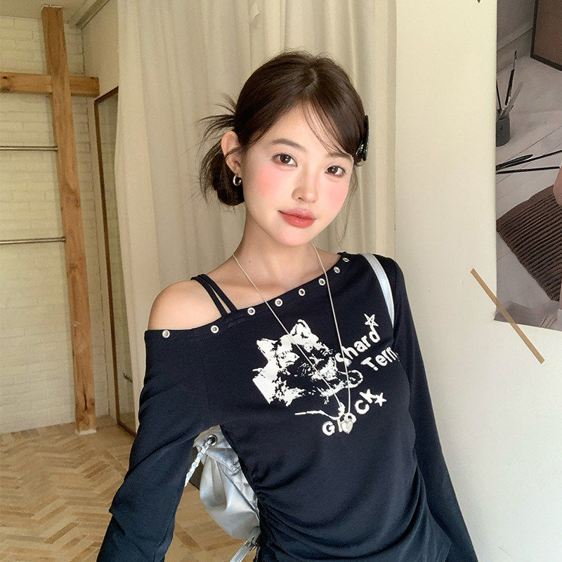 黑色斜肩长袖T恤打底衫女