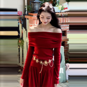 红色一字肩针织连衣裙子女秋冬季2026新款新中式套装长裙新年战袍