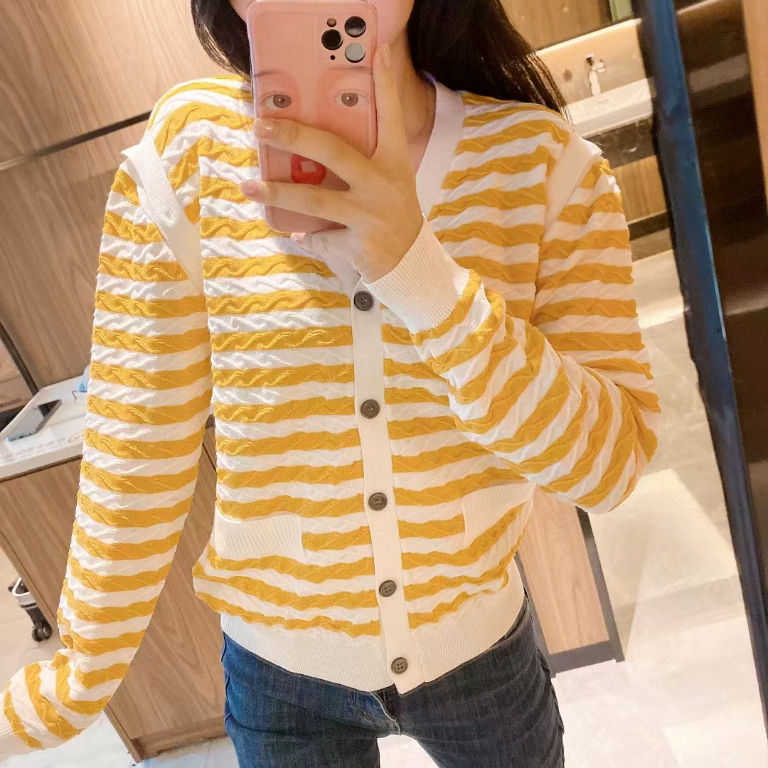 波浪V领毛衣外套秋季条纹袖子可拆宽松撞色慵懒风针织开衫女上衣