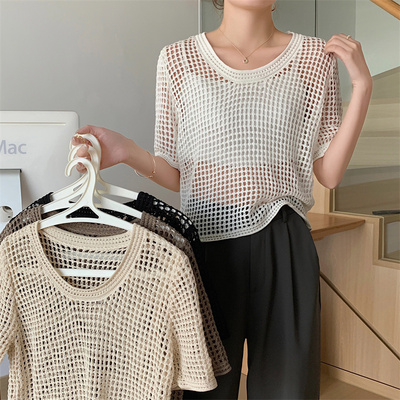 爵士舞罩衫微胖妹温柔风薄款短袖镂空罩外搭针织衫jazz跳舞上衣