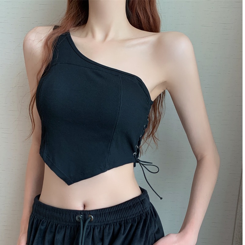 无袖爵士舞上衣服装女夏小众别致短款设计感单肩背心系带辣妹吊带