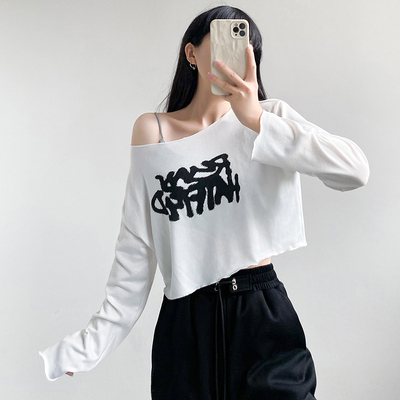 辣妹吊带爵士舞蹈美式字母印花长袖T恤宽松短款jazz跳舞上衣热辣