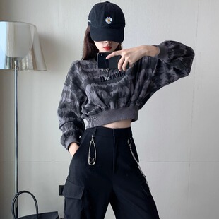 今年流行的漂亮新款短款卫衣无帽圆领外套女高腰露脐爵士舞上衣服