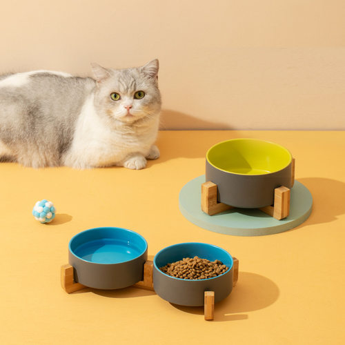 宠物碗猫盆狗盆猫碗陶瓷双碗水碗一体猫咪碗护颈陶瓷防狗碗猫食盆
