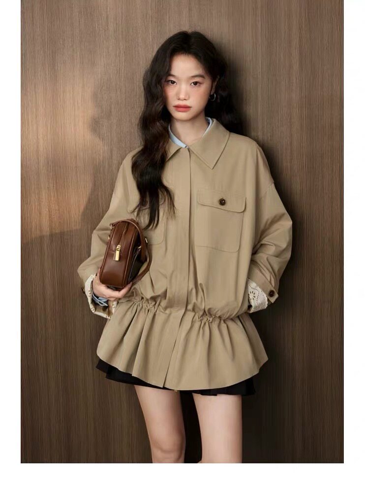 春秋季新款时尚百搭设计感卡其气质翻领工装风衣外套上衣女B923