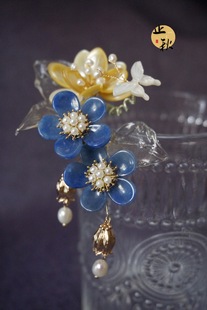 止秋阁原创设计蓝东陵玉黄蝶贝铃兰流苏发簪古风汉服配饰头饰簪子