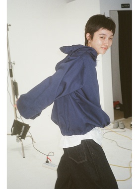 seeseao 梭织蓝色卫衣外套上衣男女同款套头抽绳宽松秋季薄款外穿