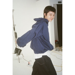 薄款 套头抽绳宽松秋季 外穿 梭织蓝色卫衣外套上衣男女同款 seeseao