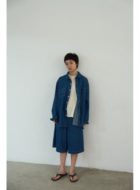 seeseao 宽松阔腿牛仔中长裤抽绳慵懒感男女同款水洗蓝色2025新款