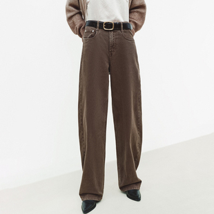 棉质长裤 女中腰弯刀裤 2026春复古简约风摩卡棕阔腿牛仔裤 商场同款