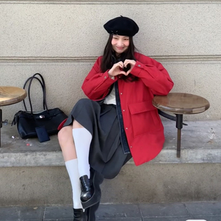 刘浩存同款2025冬新款红色假两件拼接牛仔翻领羽绒服女白鸭绒外套