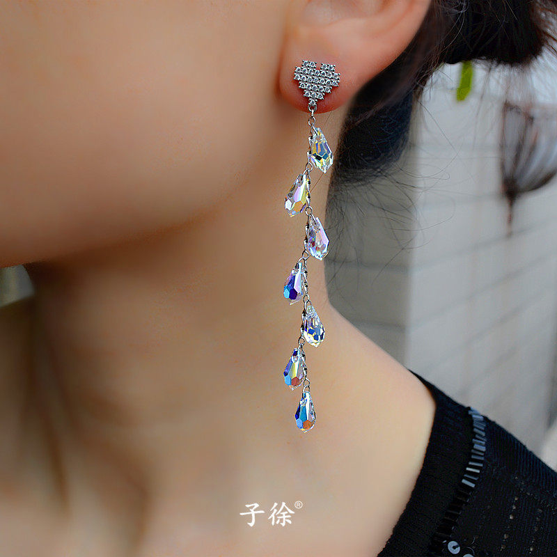 手工原创奥地利水晶耳钉女925纯银心型耳饰个性长款时尚柳叶耳坠
