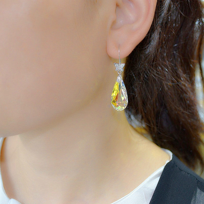 手工彩色奥地利水晶925纯银耳环蝴蝶水滴耳坠女士气质情人节礼物