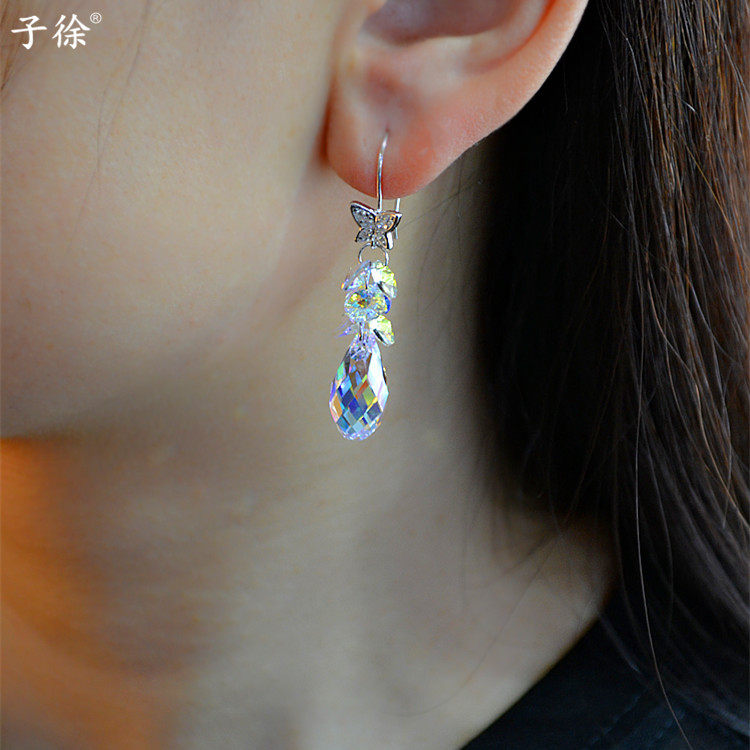 闪亮彩色水晶耳环女纯银韩国冷淡风时尚气质简约OL百搭短发耳坠饰