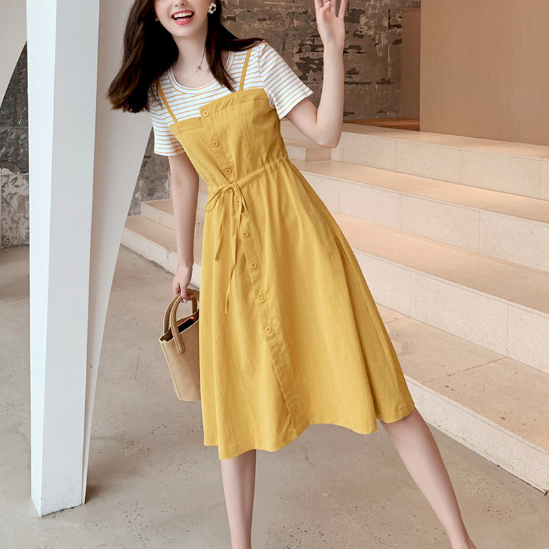 夏装2019新款韩版裙子收腰显瘦条纹t恤拼接假两件短袖连衣裙女夏在类目 女装/女士精品, 连体衣/裤中 - 来自Buy2taobao.com提供专业的淘宝代购服务