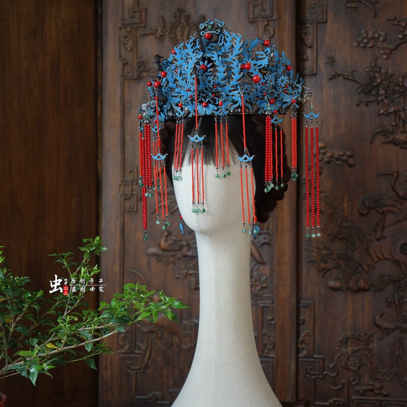 虫子家 仿清代古董凤冠 仿点翠色国风复古清汉女新娘古装头饰3197