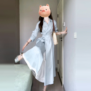 夏季 法式 连衣裙子女2025年新款 蓝色长袖 高级感气质收腰长裙in 衬衫
