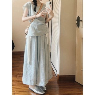 设计感别致褶皱减龄短袖 上衣女夏季 小清新系带半身长裙子两件套装