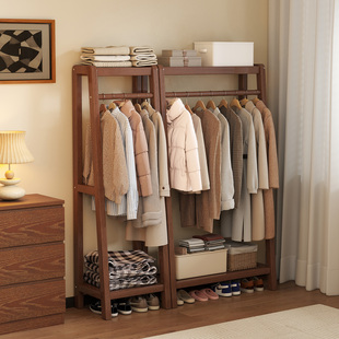实木落地衣架卧室家用挂衣架多层收纳置物架简约收纳晾衣置物架子