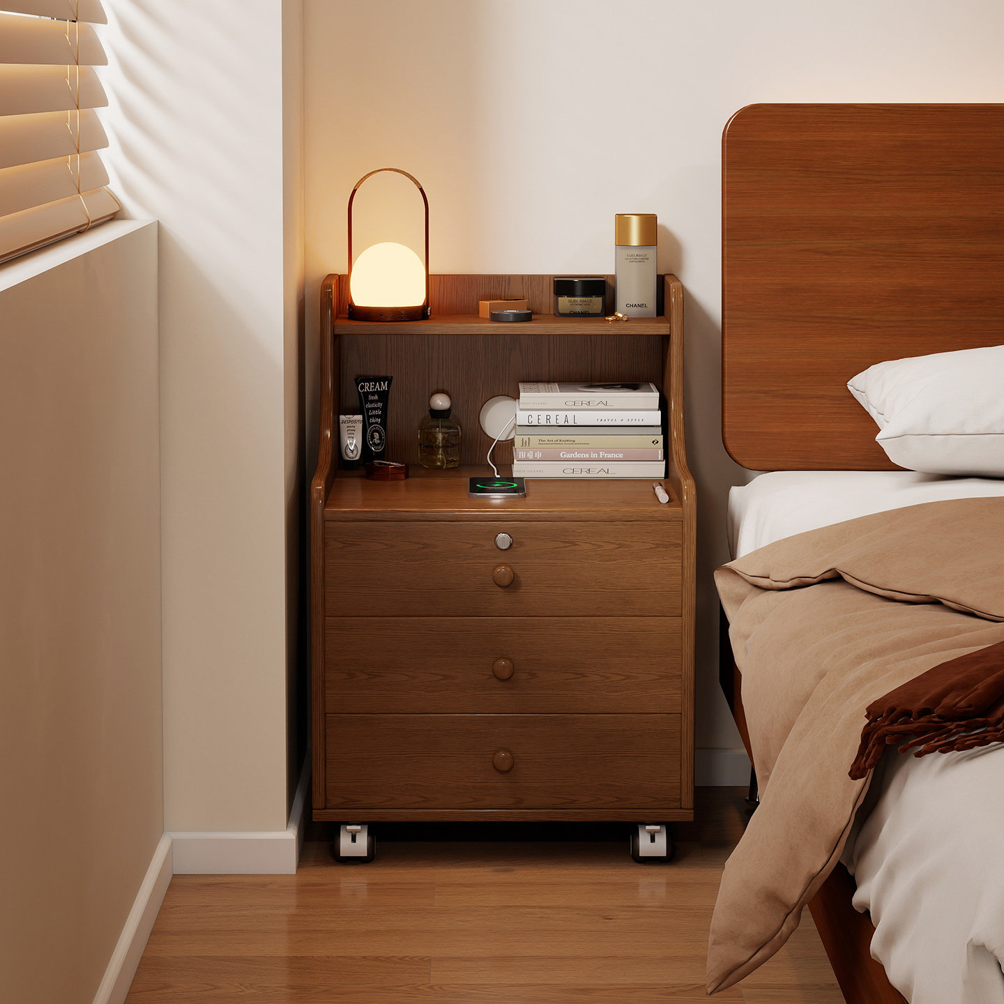 实木床头柜带轮可移动家用边柜