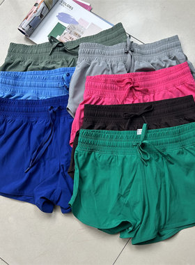 女子跑步短裤三角内寸带抽绳夏季速干三分运动裤假两件健身外口袋