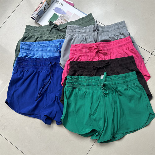 女子跑步短裤三角内寸带抽绳夏季速干三分运动裤假两件健身外口袋