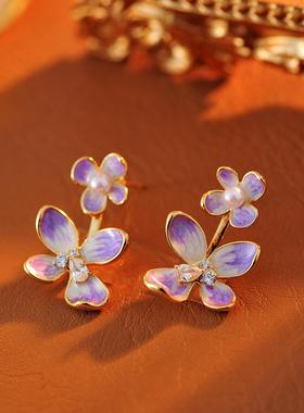 温柔独特紫色紫藤花珍珠耳钉法式前后两带耳环小清新时尚
