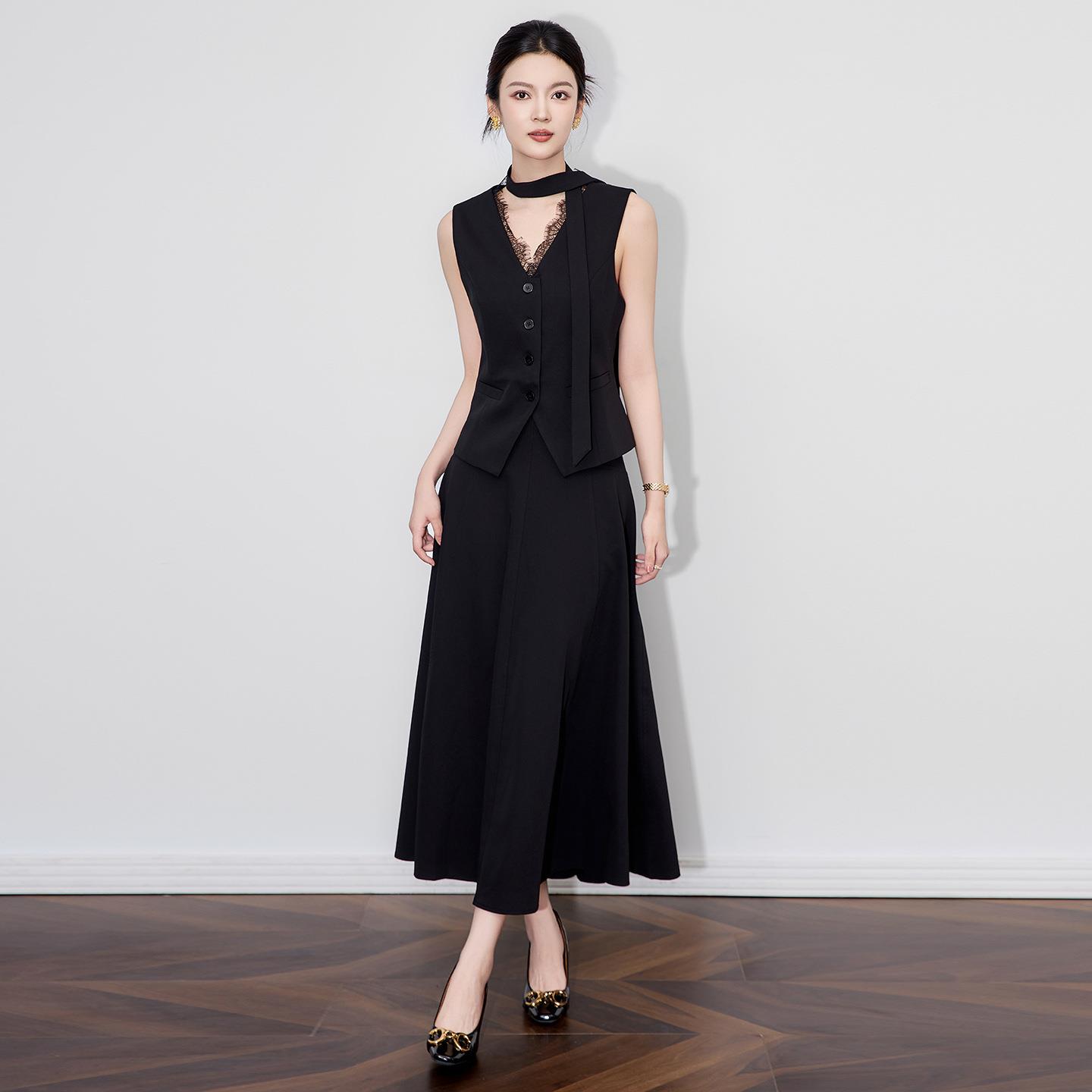 高品质气质蕾丝领背心马甲+时尚半身裙套装女秋新款女款秋冬